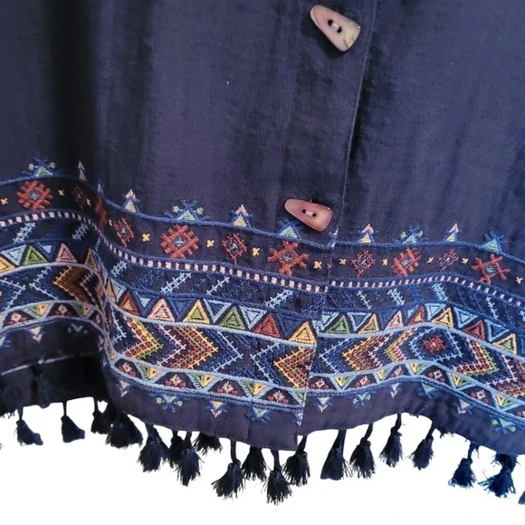 John Mark Blouse Tunic Navy Blue PXL Boho Artsy Embroidered Tassel Wire Collar - Picture 2 of 6